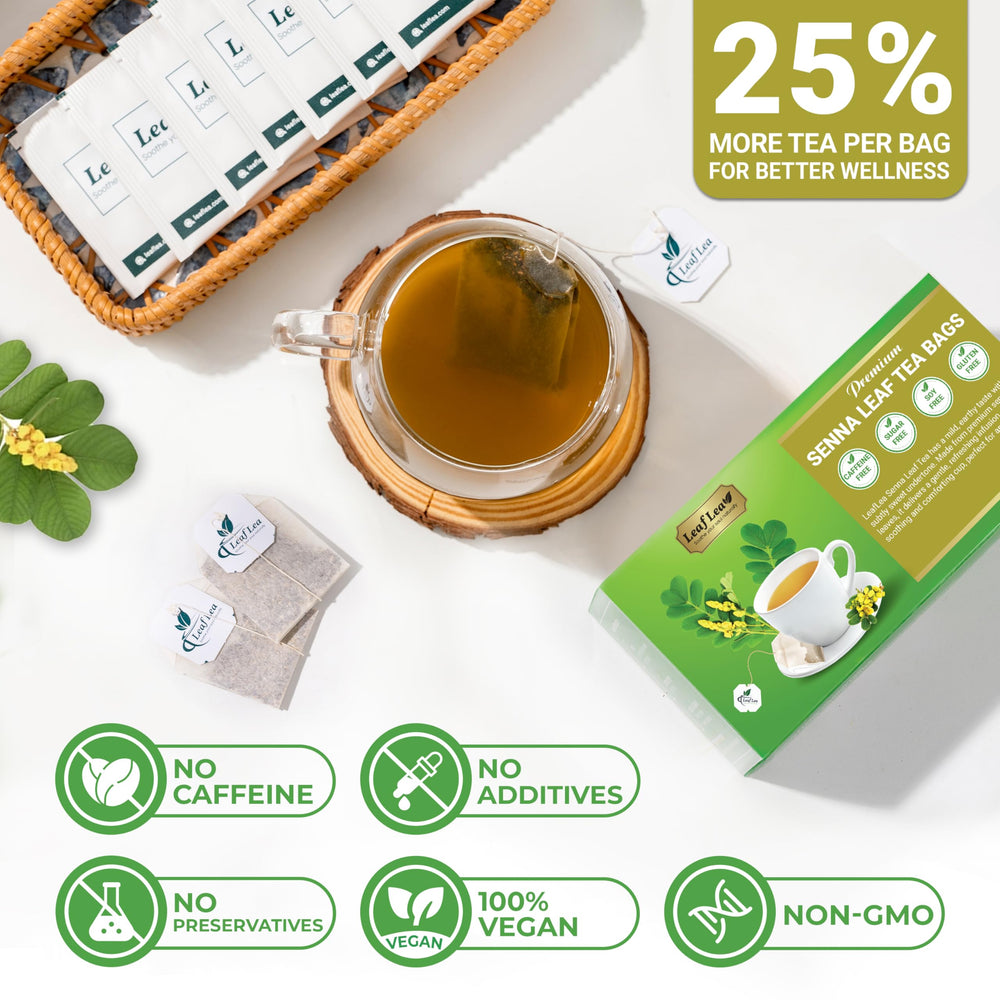 LeafLea 40 Senna tea bags served with honey for a mild flavor