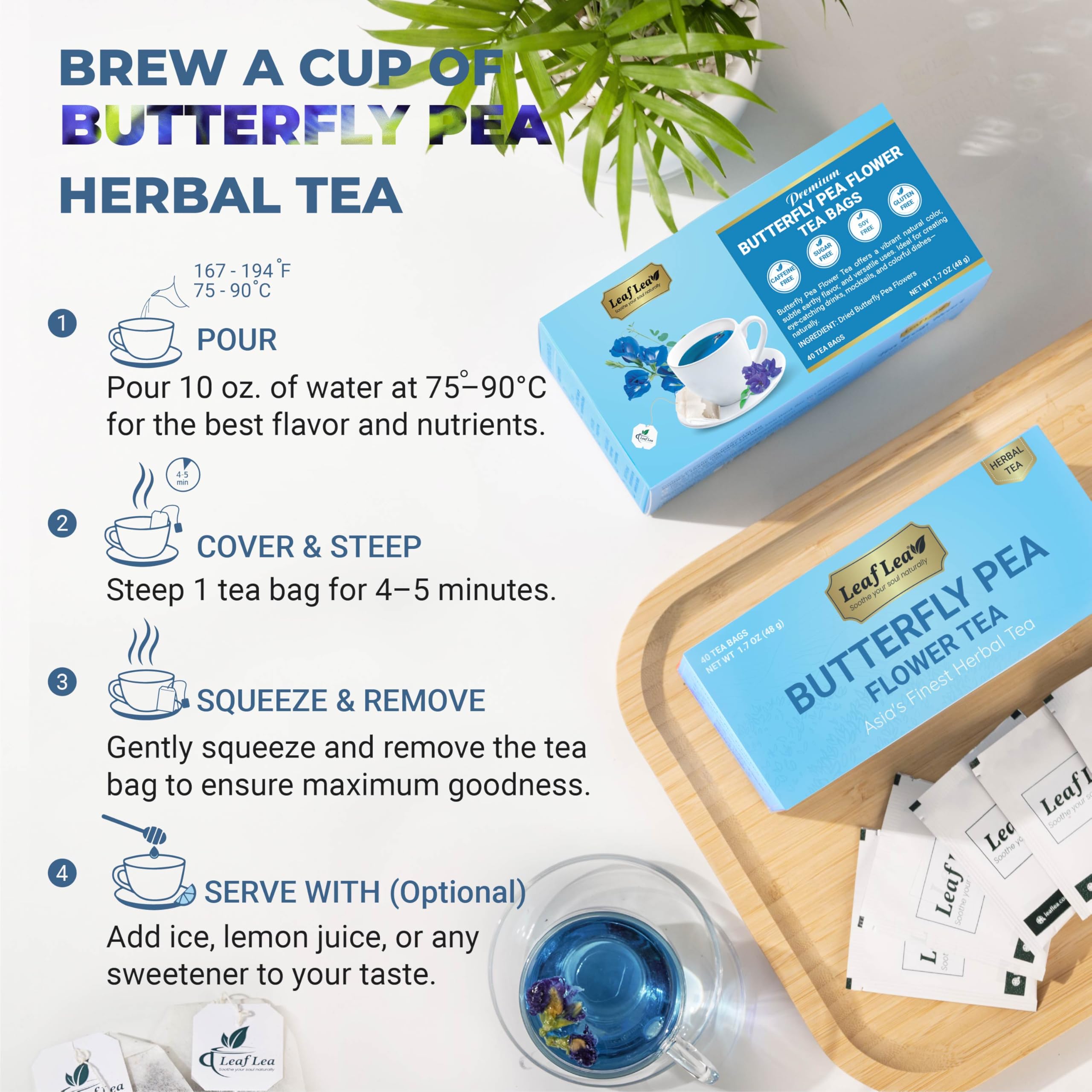 LeafLea butterfly pea tea adds vibrant color to cocktails and desserts.