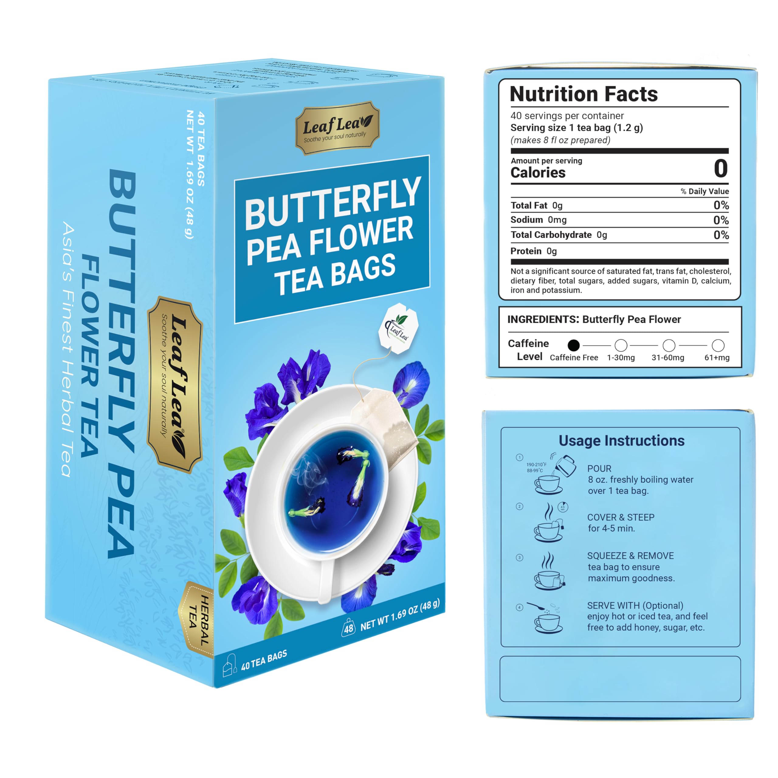 LeafLea butterfly pea tea infusion turning water blue in the cup.