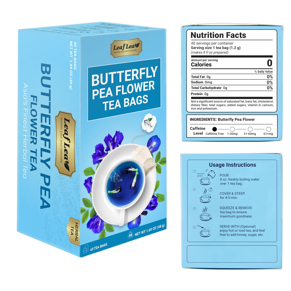 LeafLea butterfly pea tea infusion turning water blue in the cup.