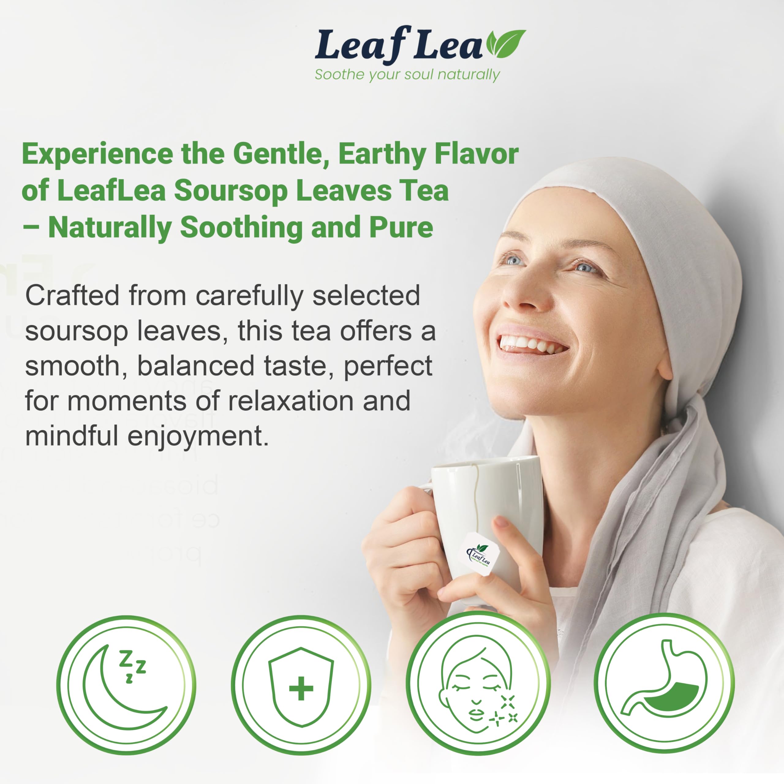LeafLea brewed soursop tea in a cup with a gentle aroma and color.