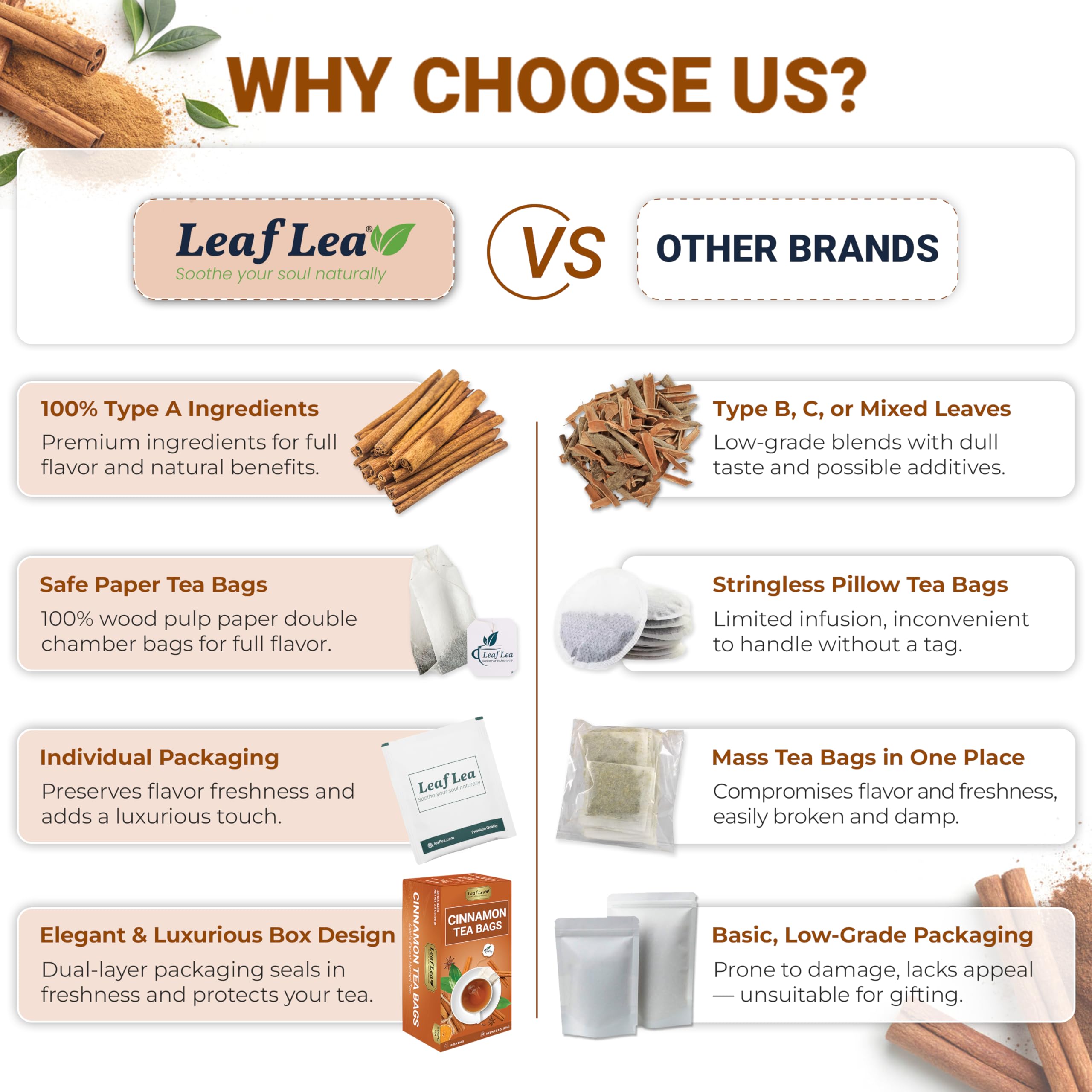 LeafLea Cinnamon stick highlight emphasizing authentic spice notes and traditional aroma.