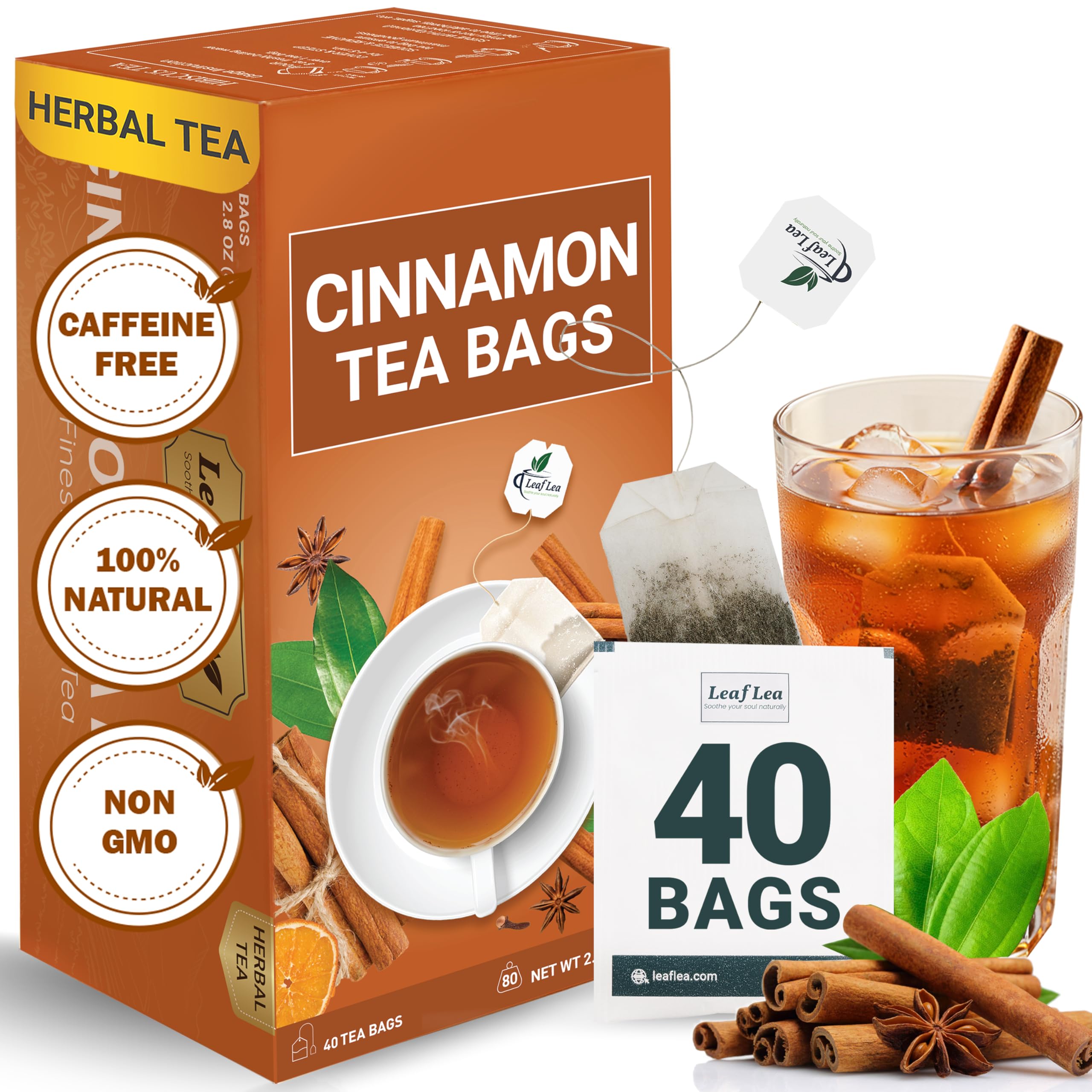 LeafLea Cinnamon tea bag closeup showing natural spice aroma for a cozy moment.
