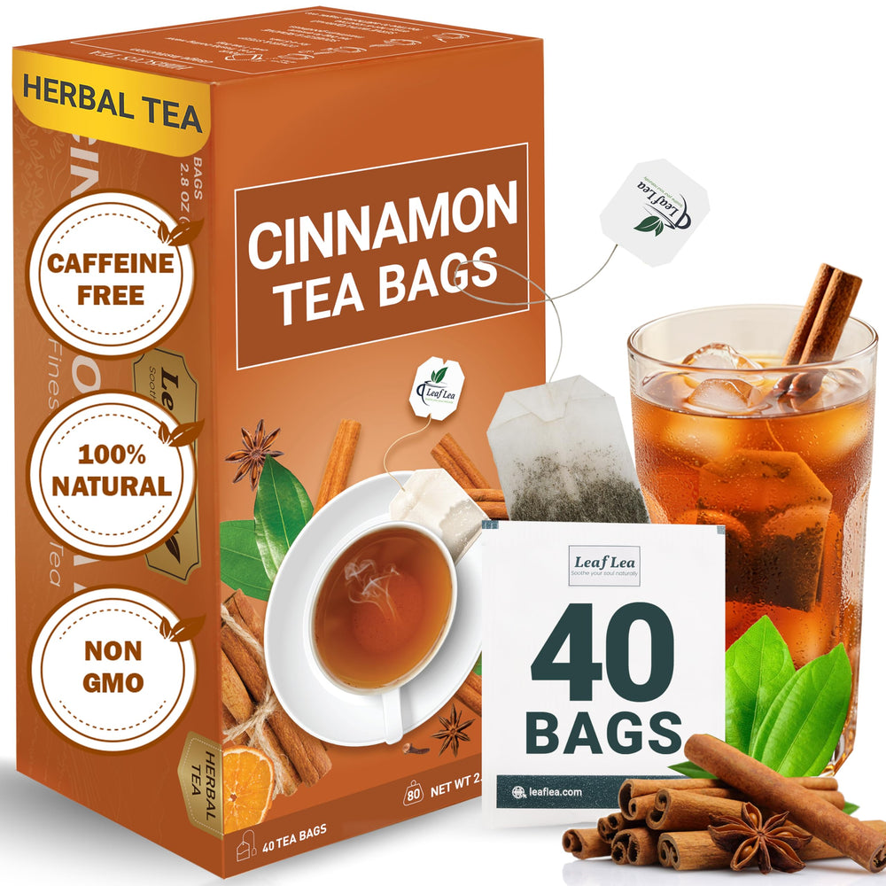 LeafLea Cinnamon tea bag closeup showing natural spice aroma for a cozy moment.