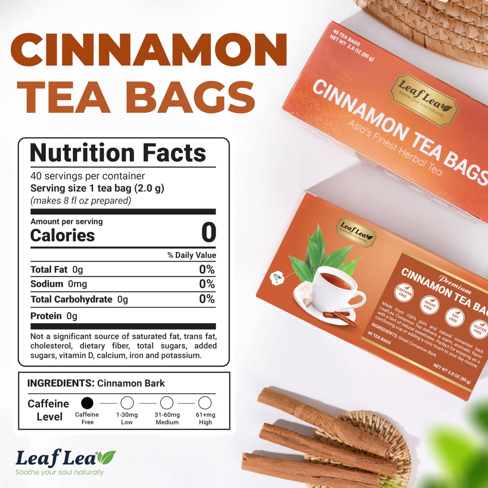 LeafLea Cinnamon tea bag steeping cup delivering warm, comforting flavor without caffeine.