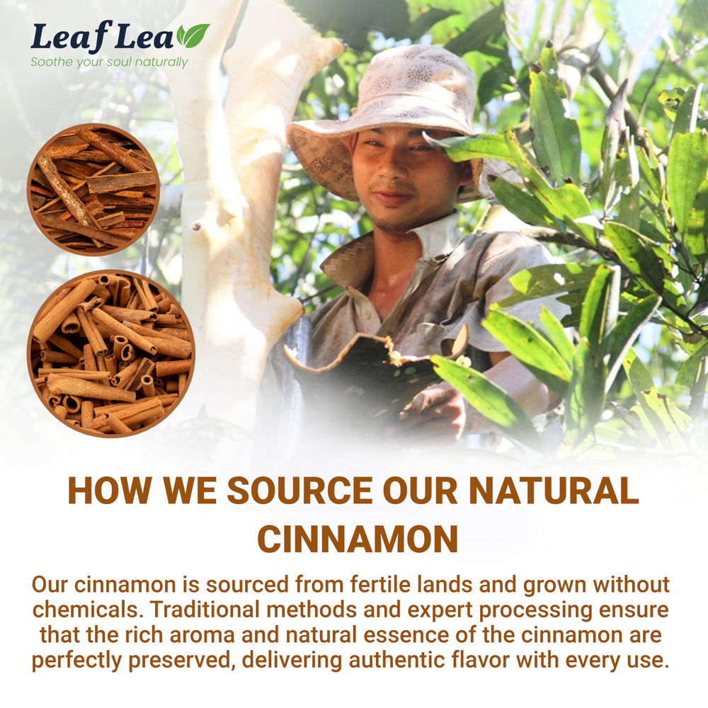 LeafLea Cinnamon tea bag sun-dried processing scene suggesting natural flavor development.