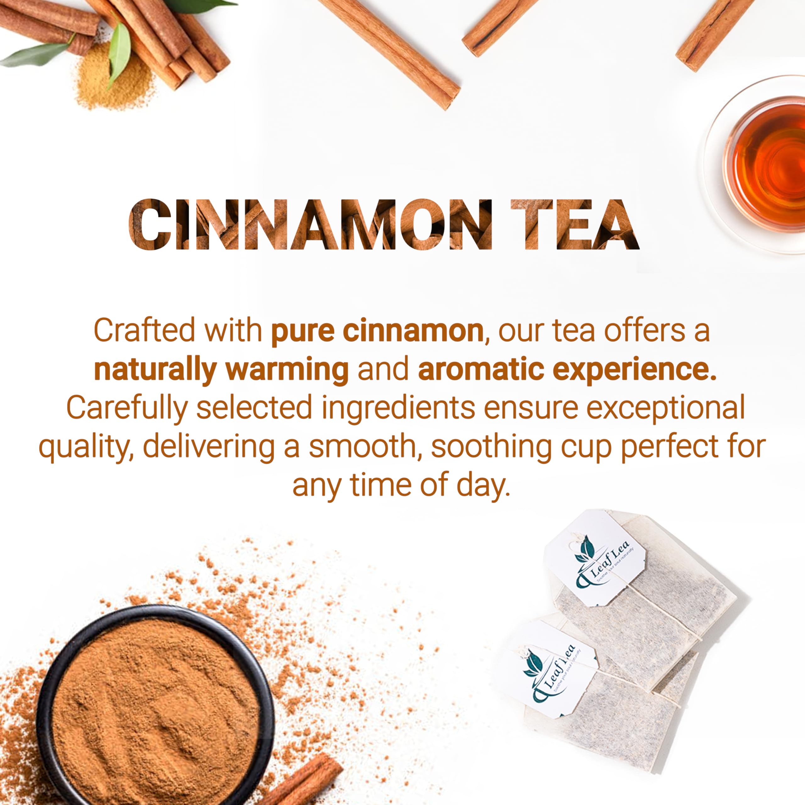 LeafLea Cinnamon tea box packaging highlighting sustainable, individually wrapped filters and freshness.