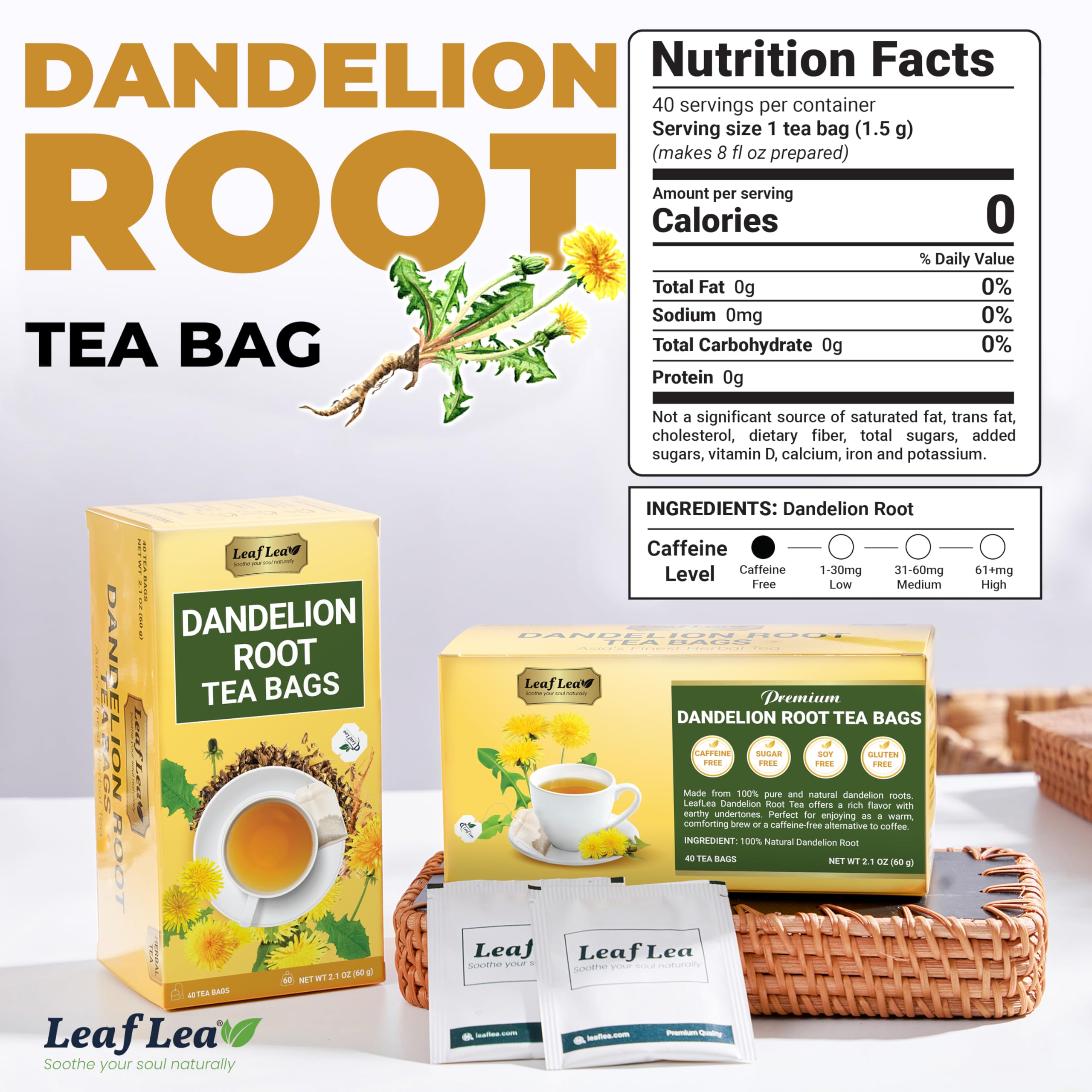 LeafLea Dandelion Root Tea Bags individually wrapped preserve freshness for daily use.
