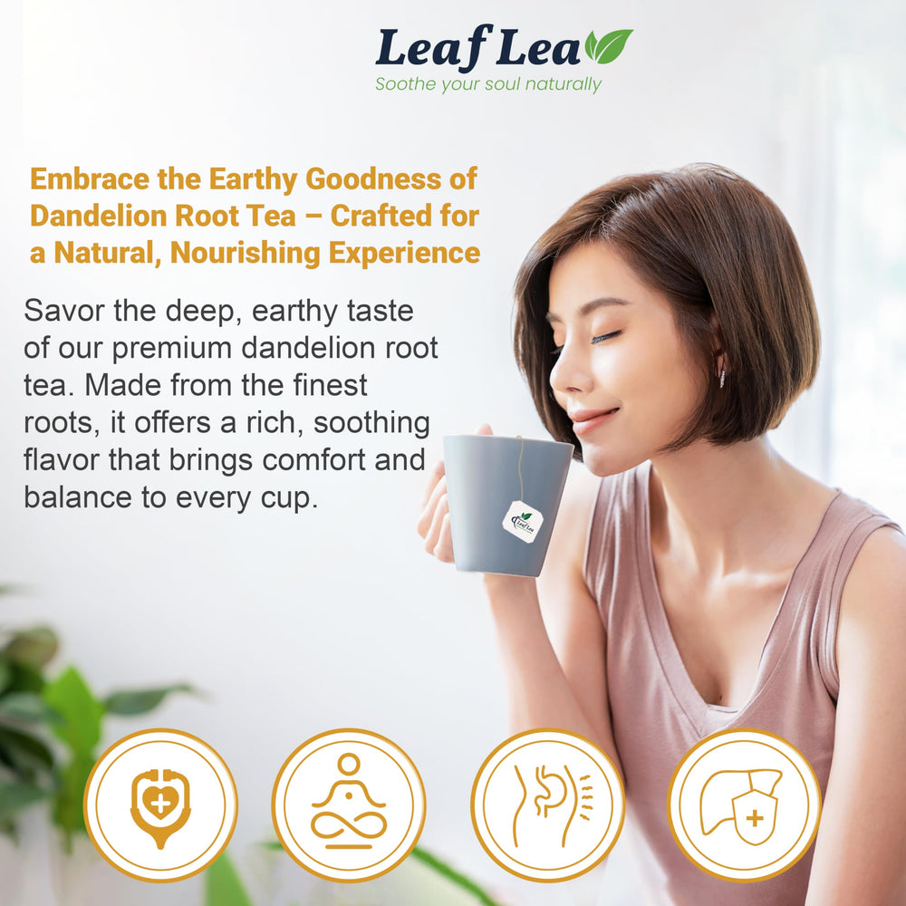 LeafLea Dandelion Root Tea Bags showing natural dried root emphasizes pure ingredients.
