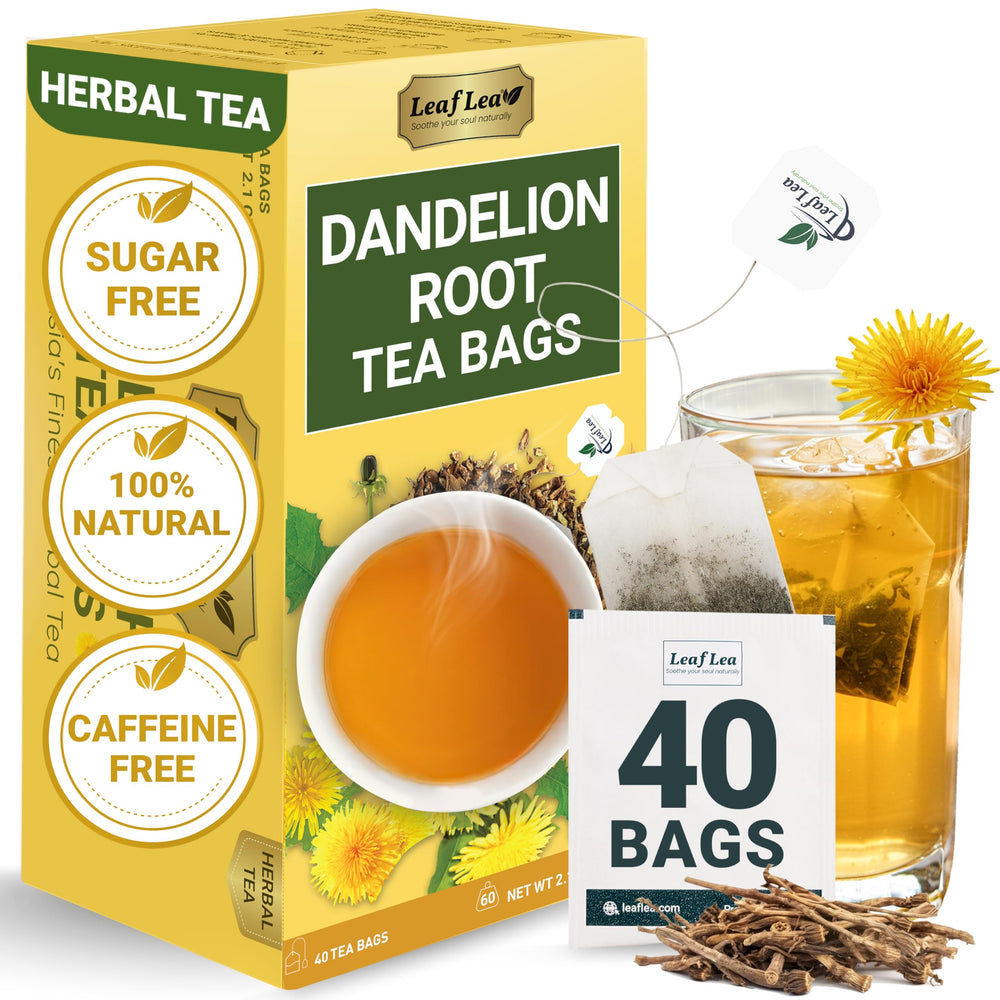 LeafLea Dandelion Root Tea Bags packaging highlights premium, gift-ready presentation.