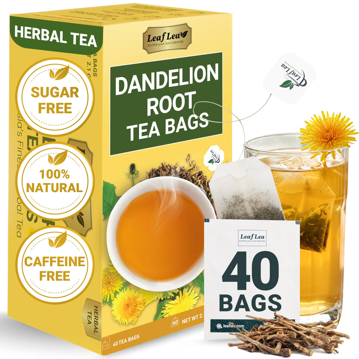 LeafLea Dandelion Root Tea Bags packaging highlights premium, gift-ready presentation.