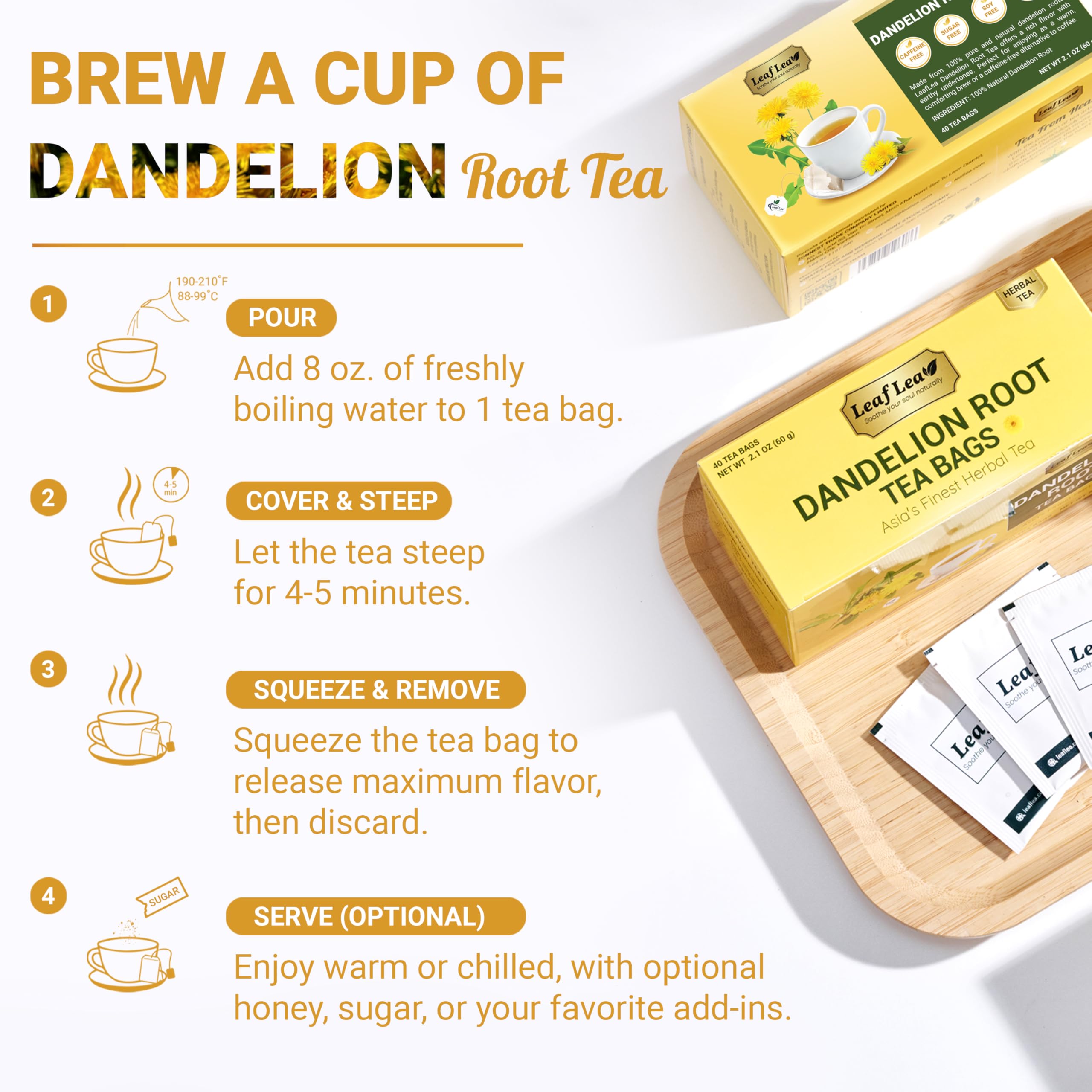 LeafLea Dandelion Root Tea Bags vegan and caffeine-free for any routine.