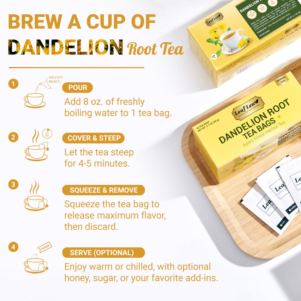 LeafLea Dandelion Root Tea Bags vegan and caffeine-free for any routine.