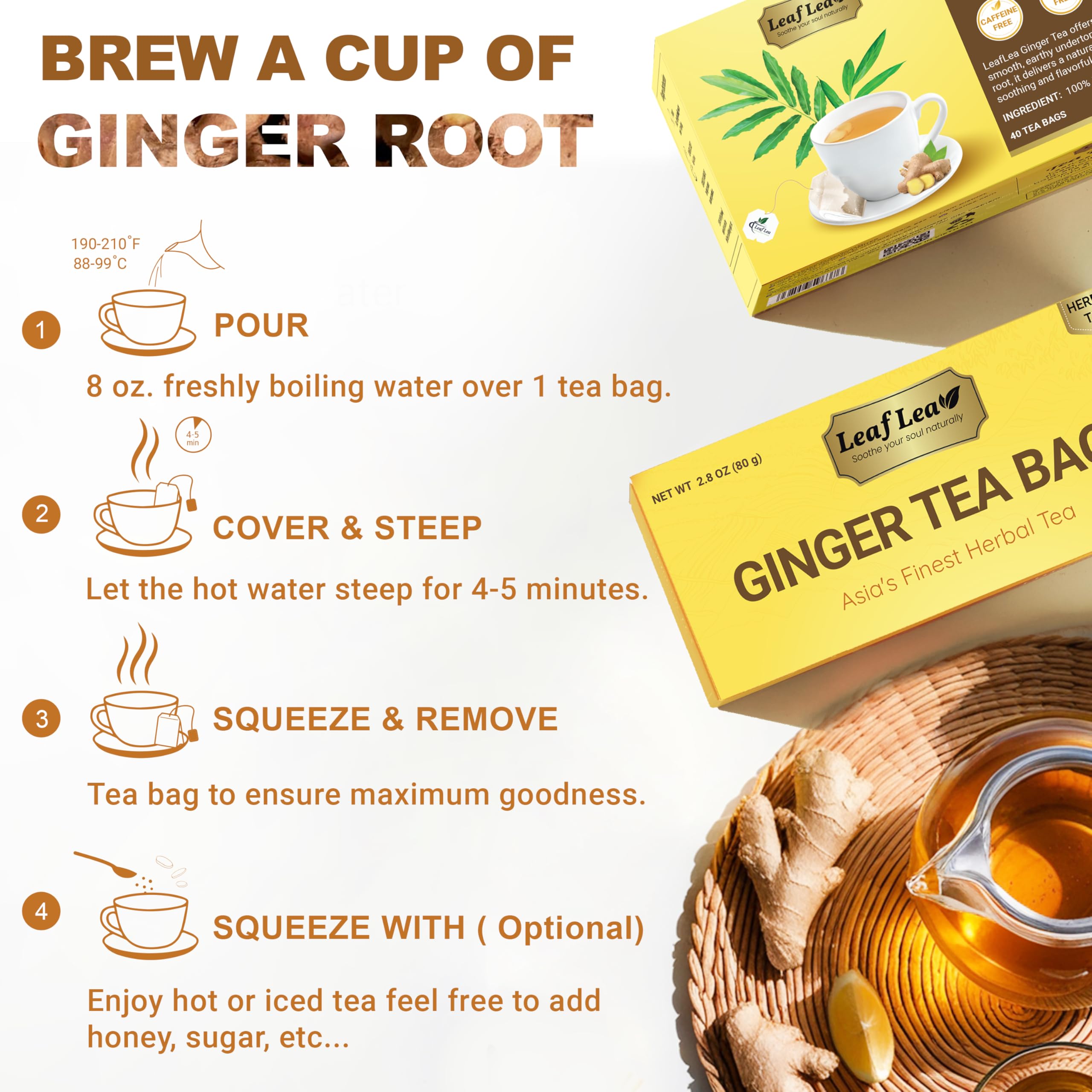 LeafLea Ginger Tea Bags on a clean kitchen counter.