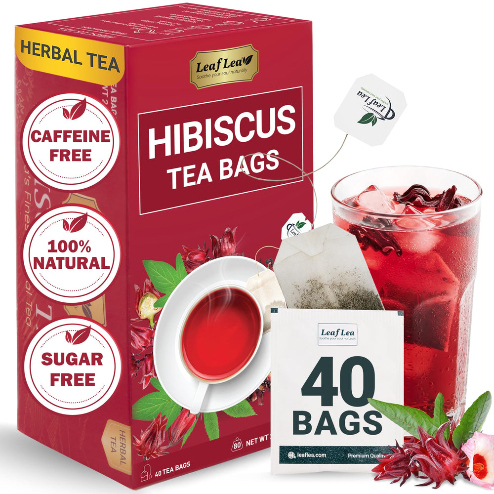 LeafLea hibiscus tea bags showing 100% hibiscus flowers for a vibrant cup
