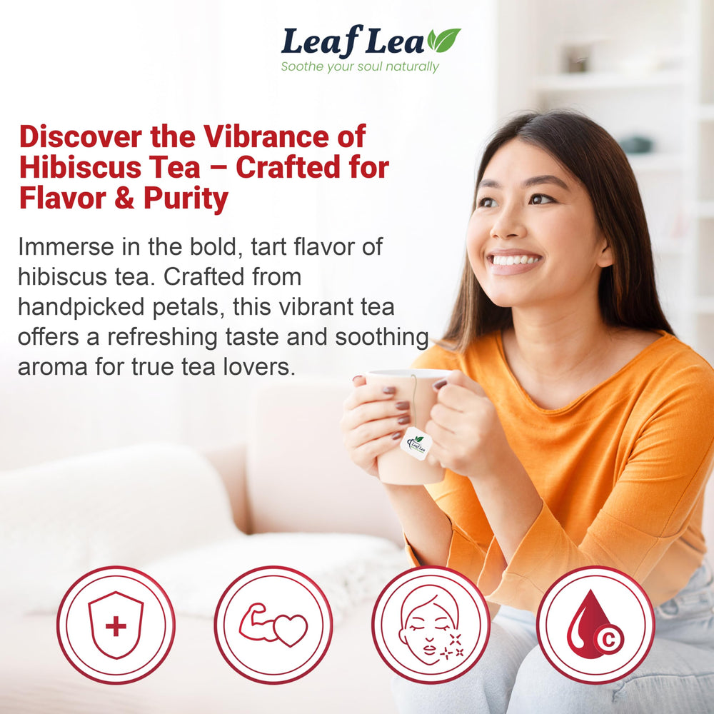 LeafLea hibiscus tea brew hot or iced with crimson color.