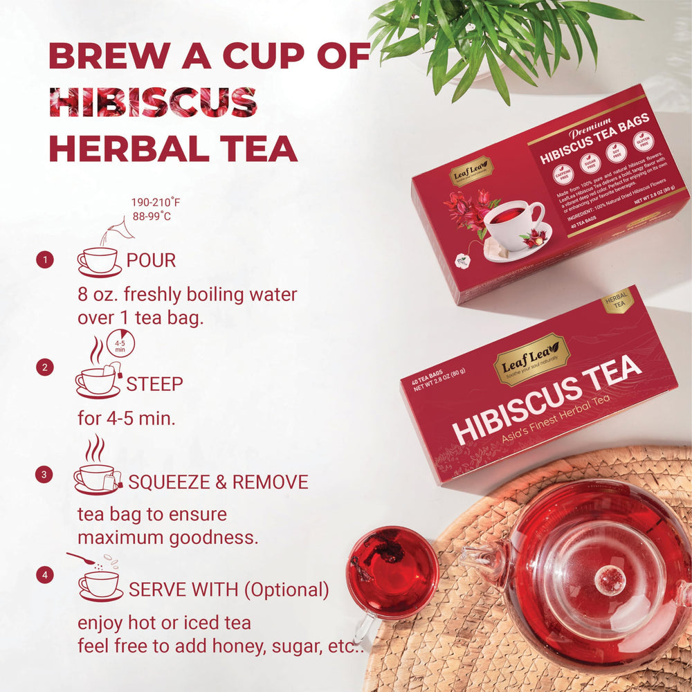 LeafLea hibiscus tea with lemon wedge for bright refreshment.
