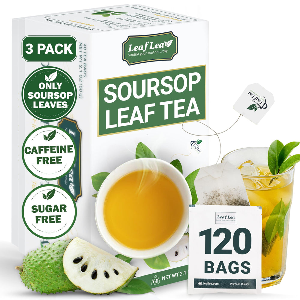 LeafLea soursop tea bags closeup showing premium leaves for a soothing cup.