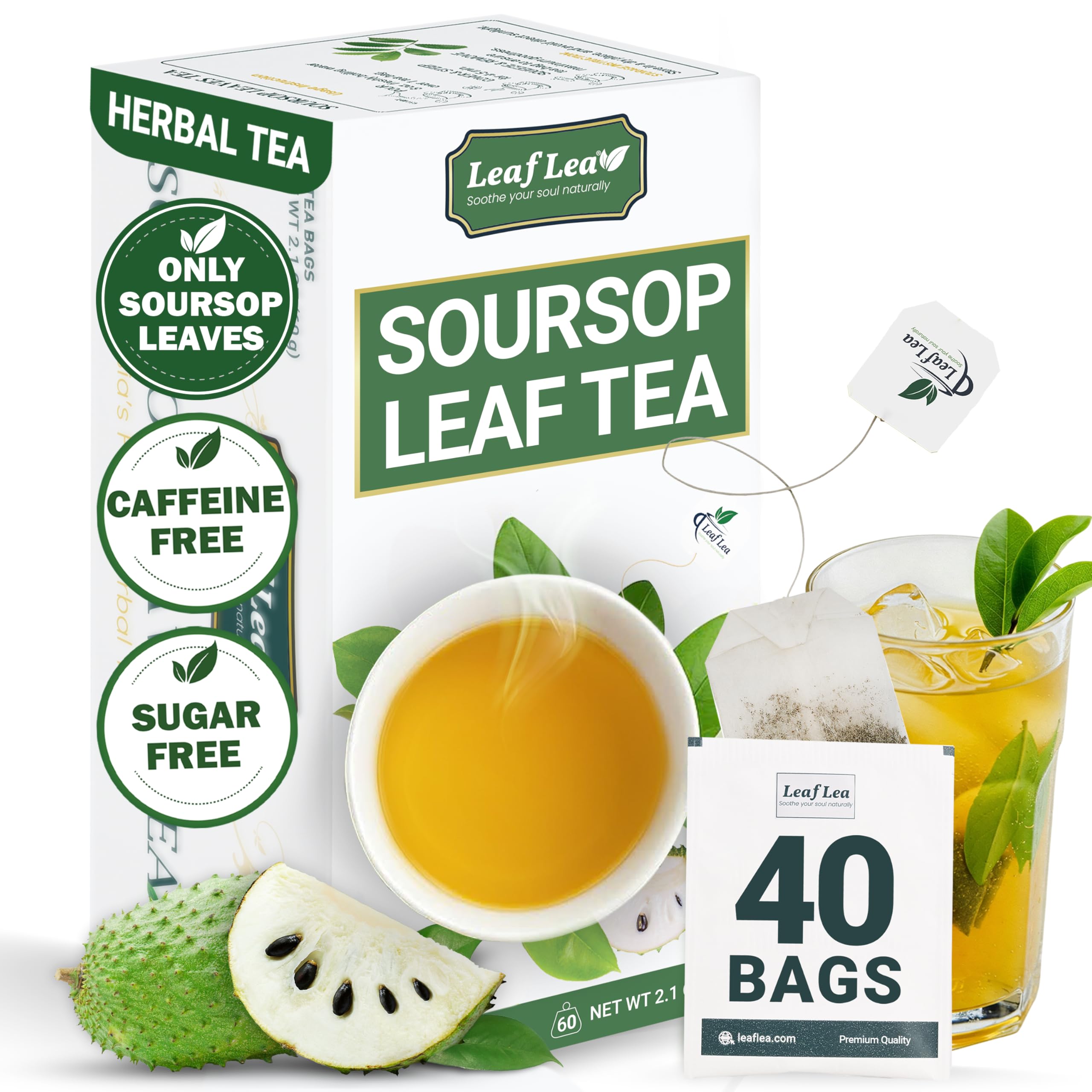 LeafLea soursop tea bags in packaging preserve freshness for on-the-go use.