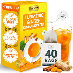 LeafLea turmeric ginger cinnamon tea bags in packaging highlighting natural ingredients