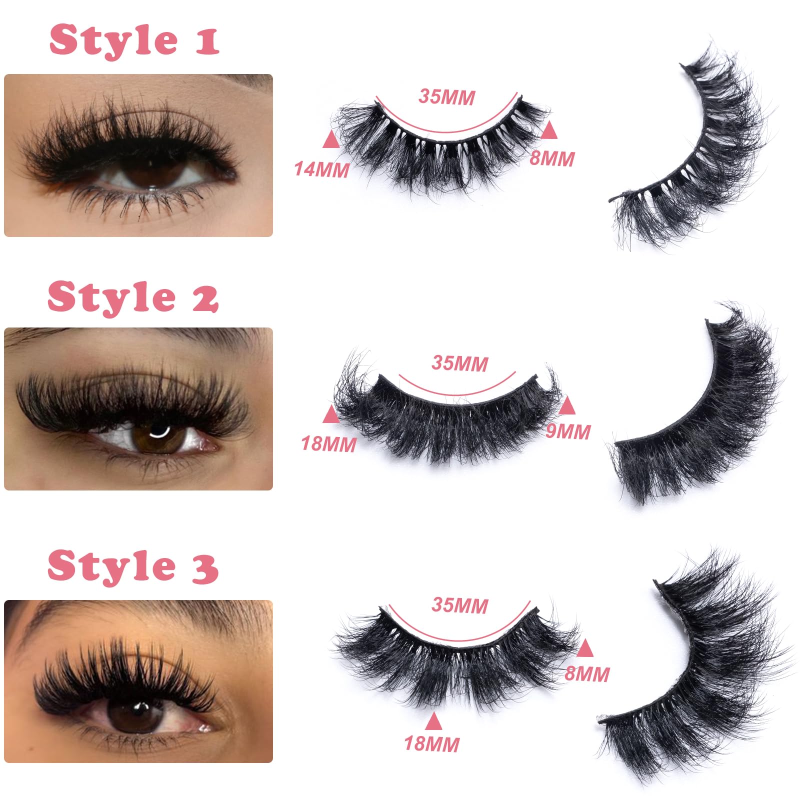 LEAFMOON Wispy Mink Lashes with three styles for customizable volume.
