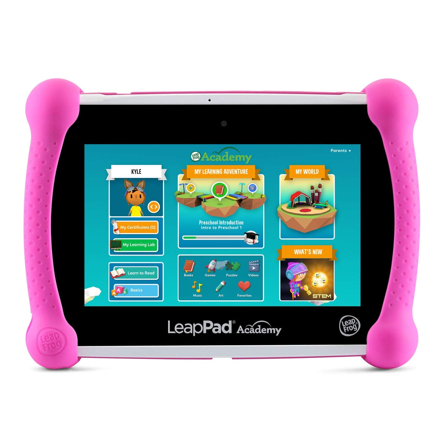 LeapFrog LeapPad Academy pink tablet back view showcasing durability