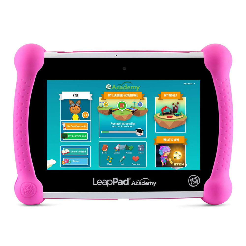 LeapFrog LeapPad Academy pink tablet back view showcasing durability