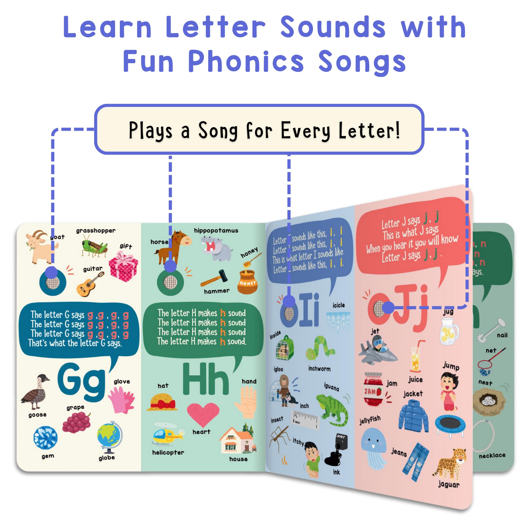 Inside pages show sturdy, screen-free learning content for letter sounds.