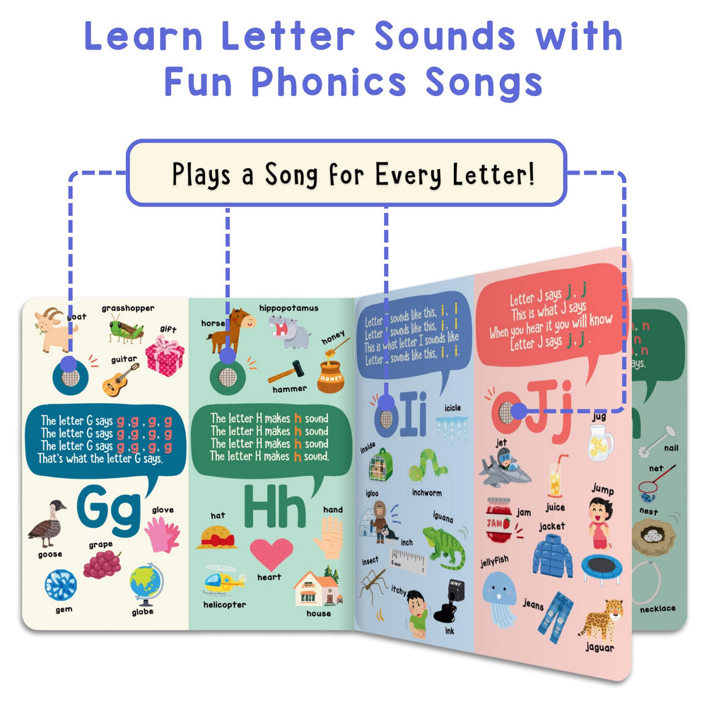 Inside pages show sturdy, screen-free learning content for letter sounds.