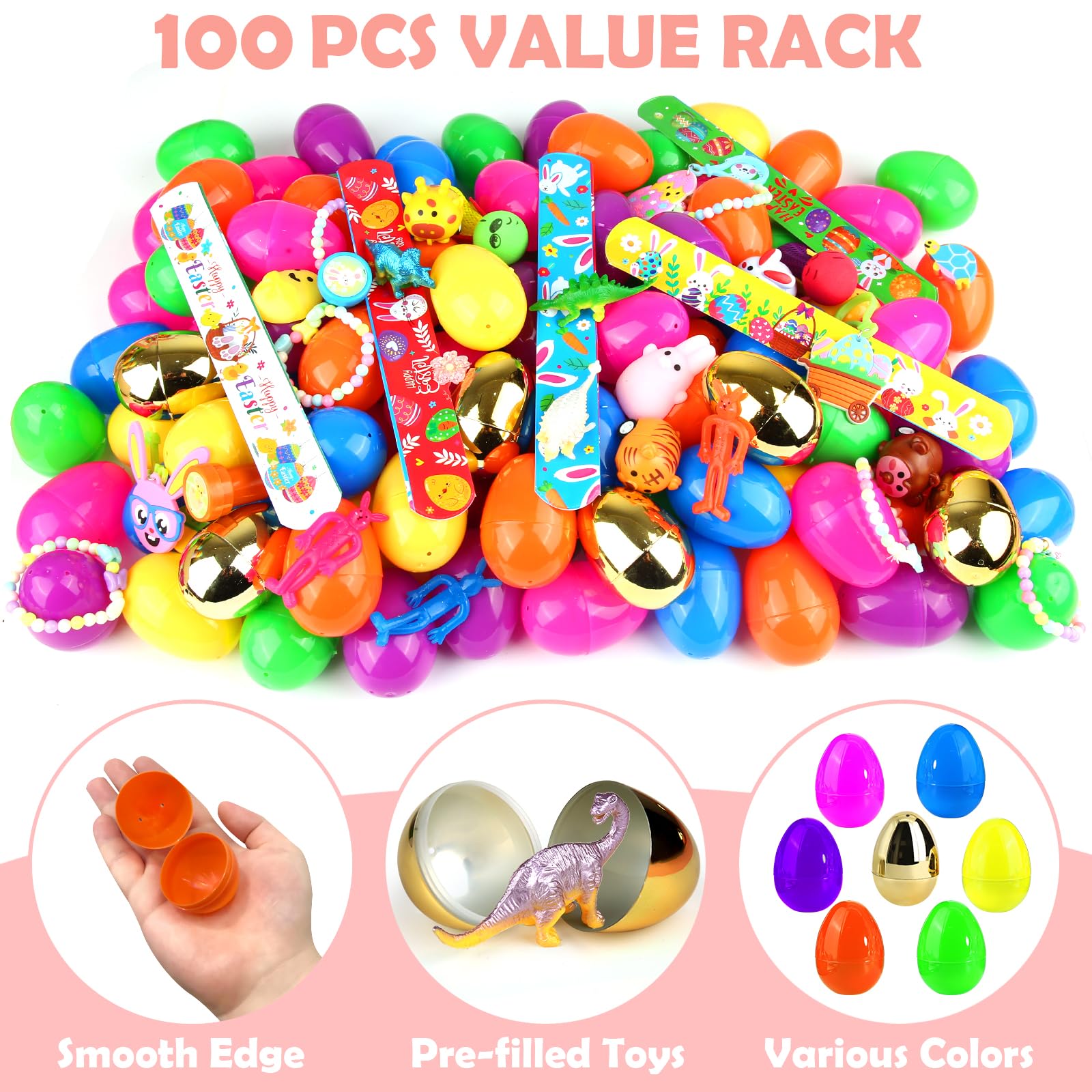 LEASEN 100-pack Easter eggs set, includes 6 golden eggs for visually striking baskets.