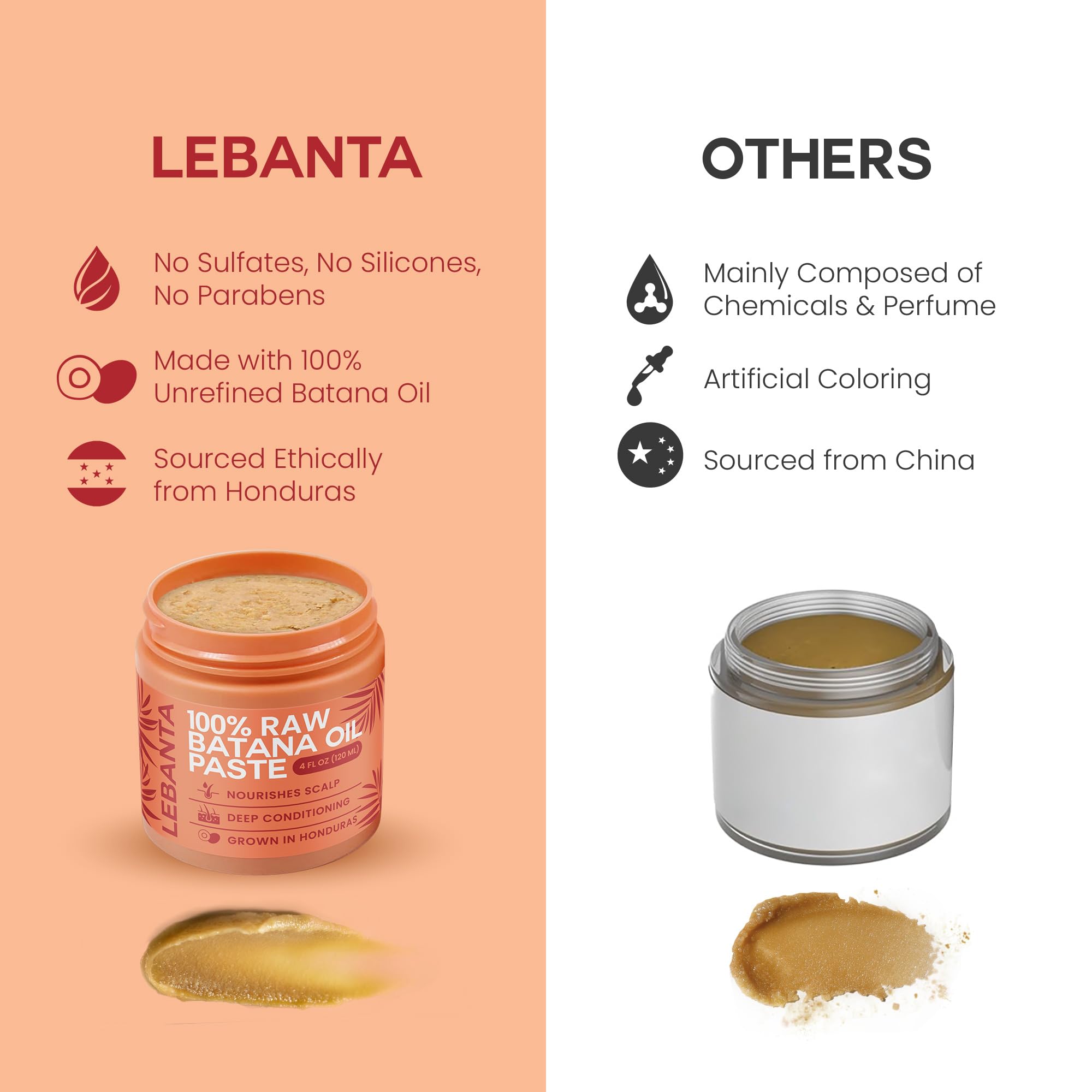 Lebanta Batana Oil packaging from Honduras highlights artisanal, cold-pressed process.