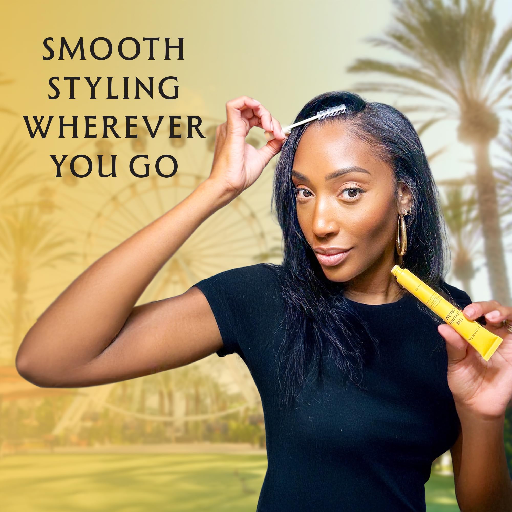 Lebanta Fly Away Stick hydration-shine highlights aloe vera and vitamin E for healthy shine