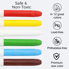 Washable crayons with soap and water on smooth surfaces, typically without staining.