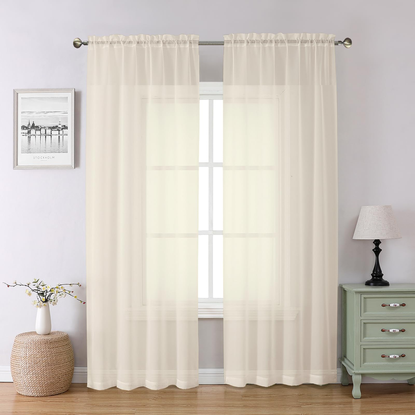 Lecloud Cream Sheer Curtains two-panel setup showing airy sunlight in living room