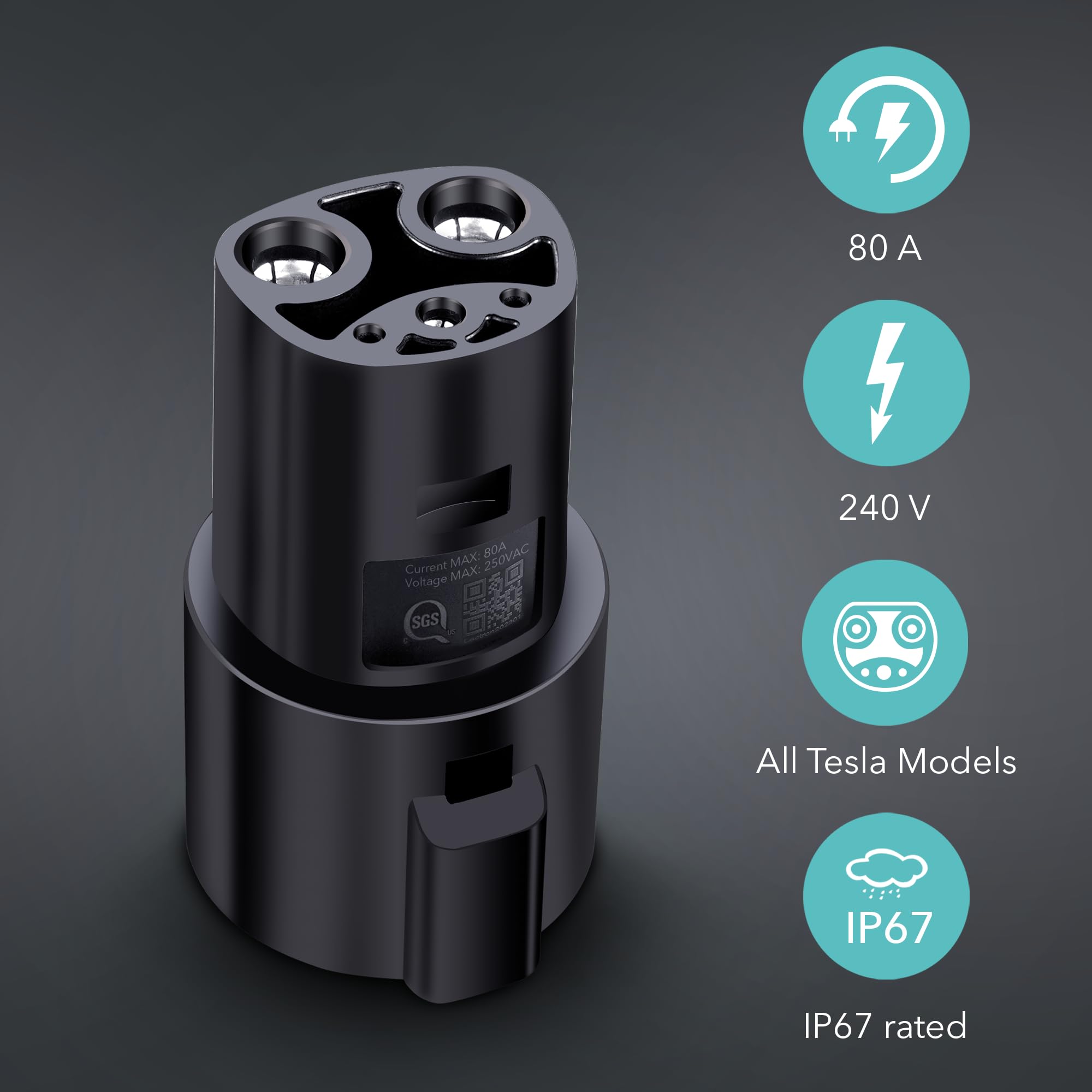 Lectron J1772 to Tesla adapter designed for outdoor use with IP67 weatherproof rating.