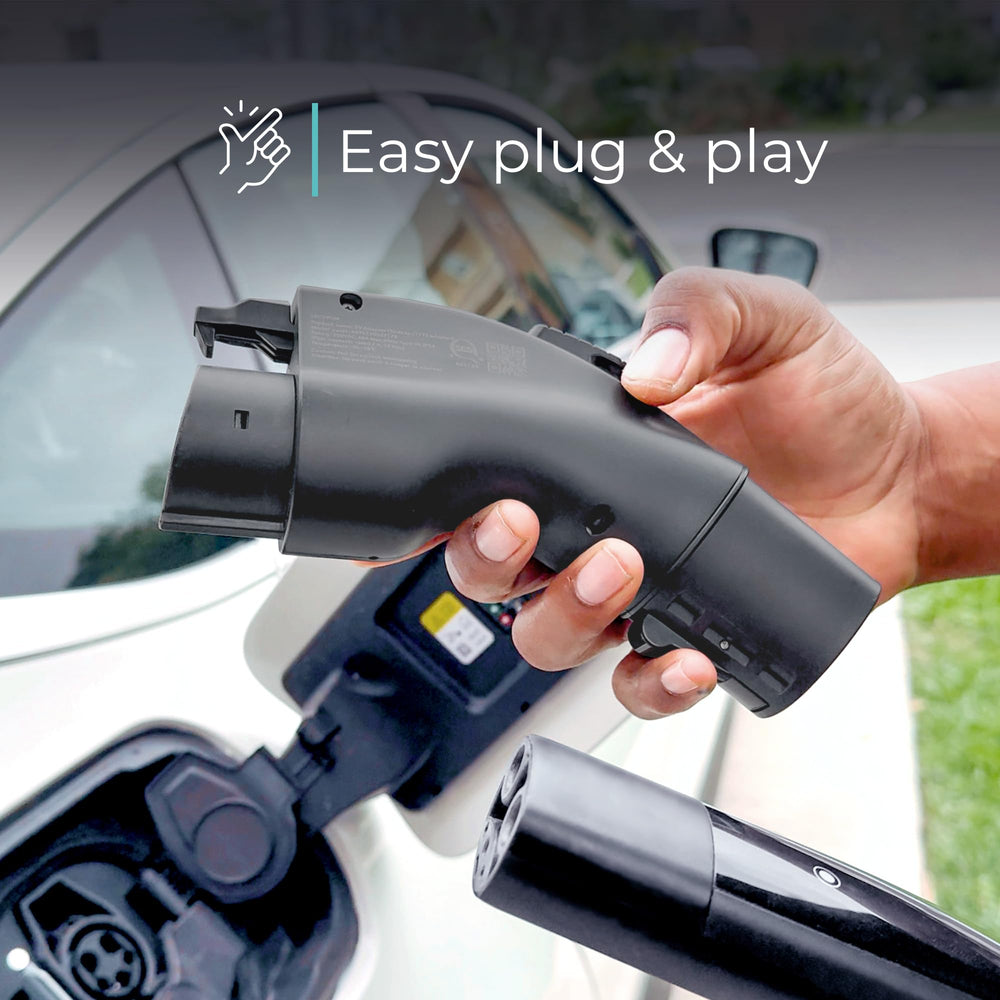 Lectron Tesla to J1772 adapter compact for car trunk or travel kit.