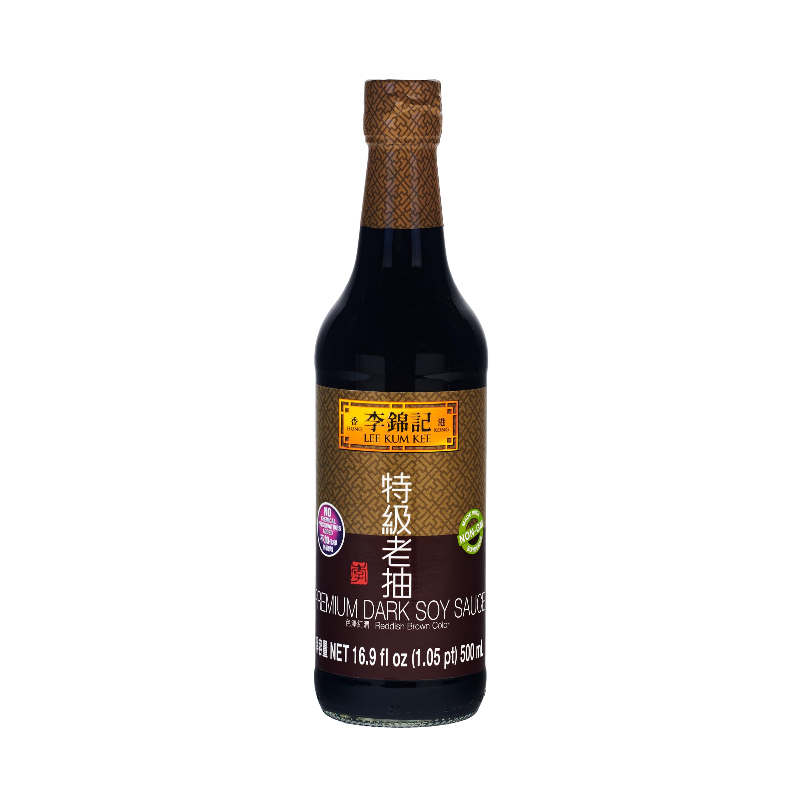 Lee Kum Kee Premium Dark Soy Sauce bottle pour adds deep color for braises.