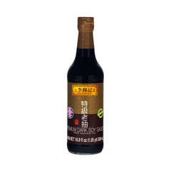 Lee Kum Kee Premium Dark Soy Sauce bottle pour adds deep color for braises.