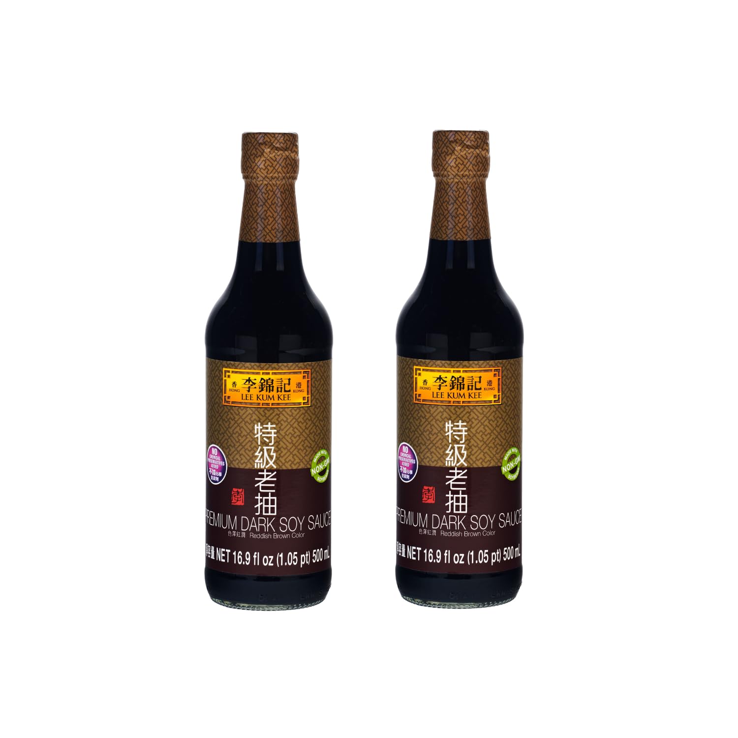 Lee Kum Kee Premium Dark Soy Sauce bottle boosts depth and color in braises.