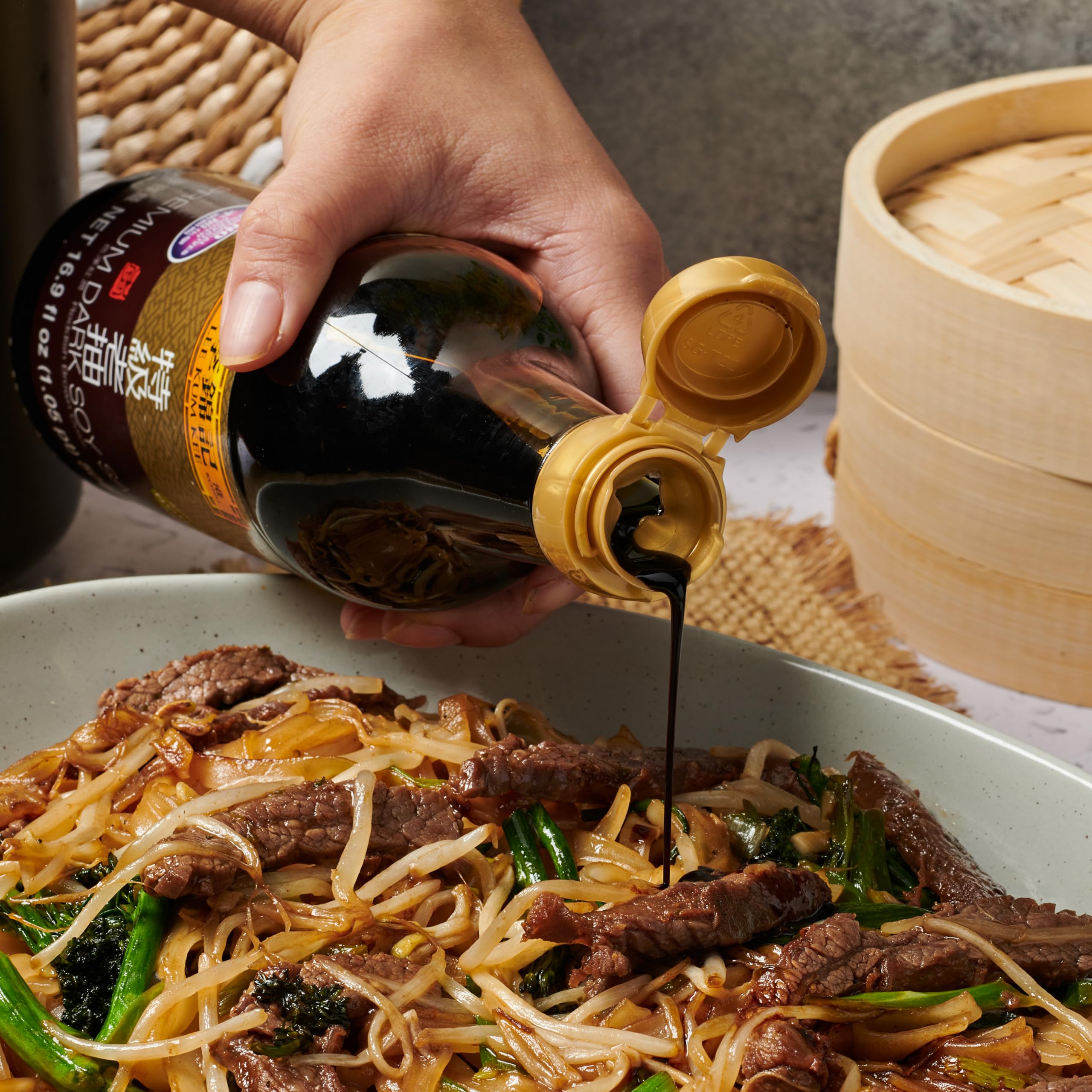 Lee Kum Kee Premium Dark Soy Sauce reduces into a smooth glaze for sauces.