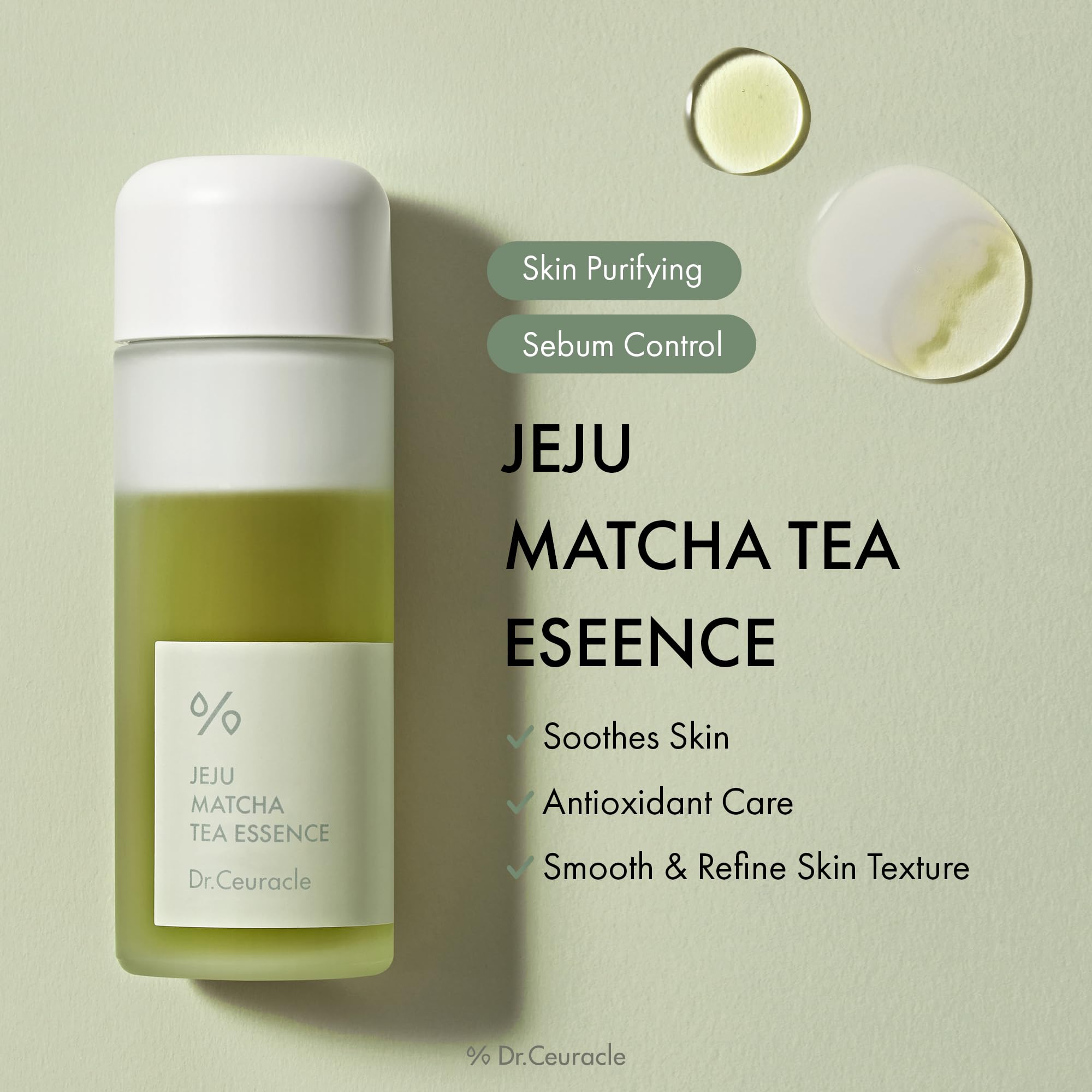 Leegeehaam Jeju Matcha Tea Essence texture close-up highlights creamy hydration for the complexion.