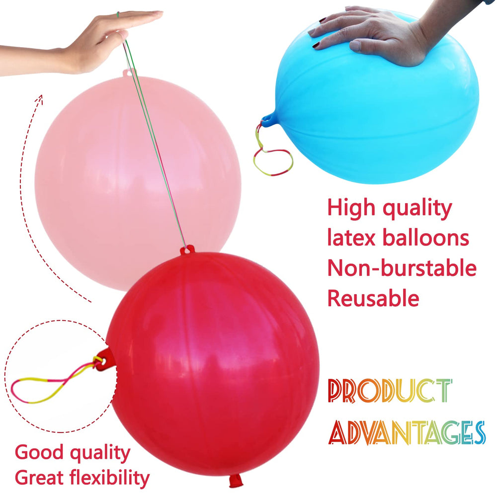 LEEZZIZZ Neon Punch Balloons with rubber band handles enable quick inflation and control.
