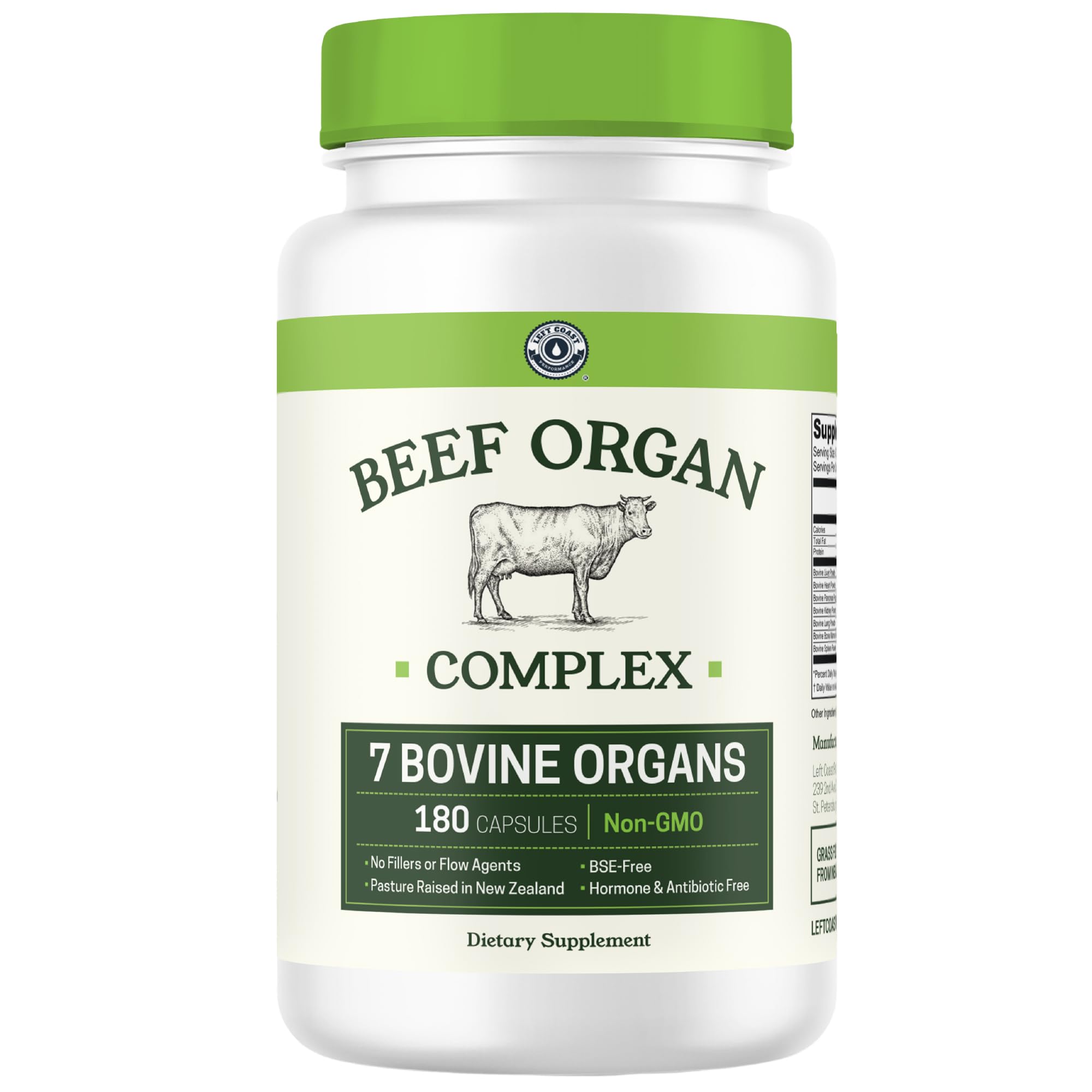Left Coast Performance beef organ supplement bottle front for carnivore diet support
