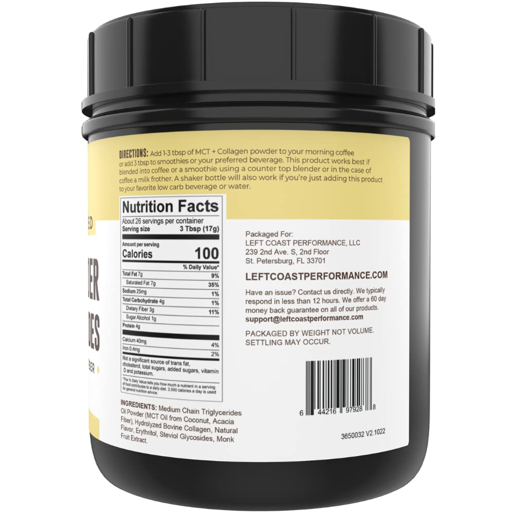 Left Coast Performance MCT Oil Powder vanilla flavor blended with acacia fiber.