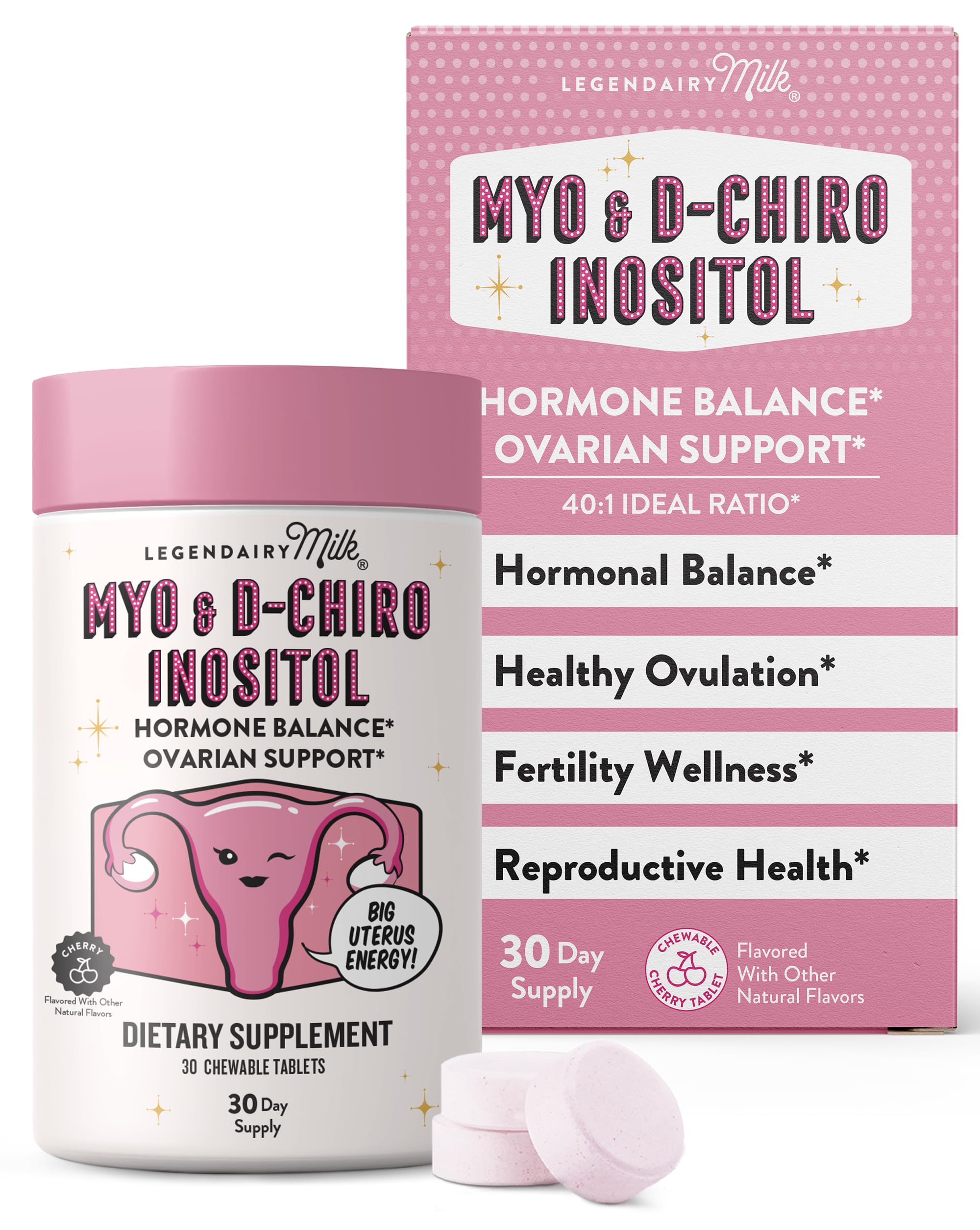 Legendairy Milk bottle with cherry chewables for hormone balance.