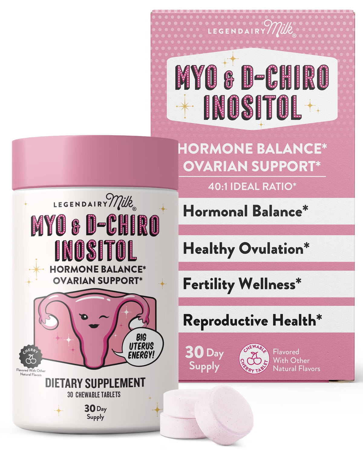 Legendairy Milk bottle with cherry chewables for hormone balance.