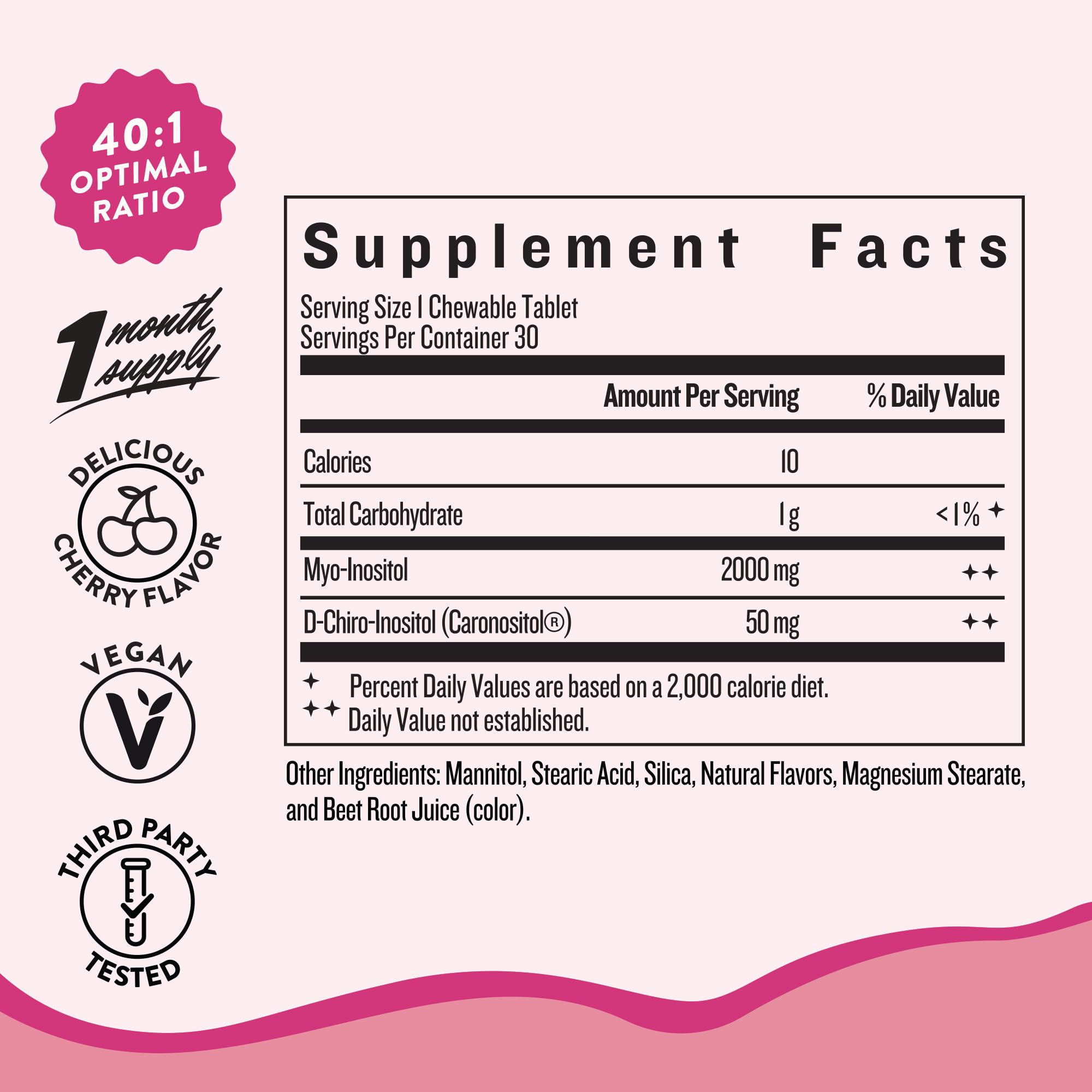 Close-up of Legendairy Milk chewable tablet with cherry flavor for daily use.