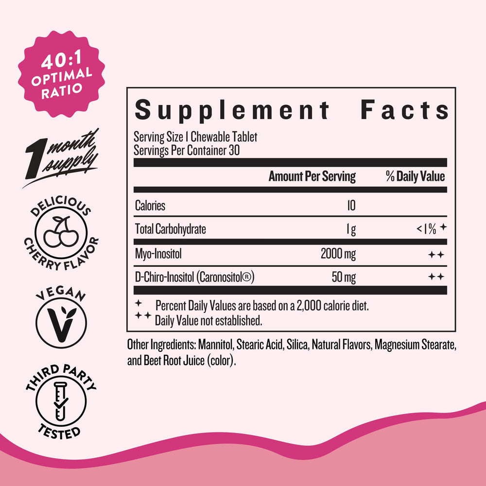 Close-up of Legendairy Milk chewable tablet with cherry flavor for daily use.