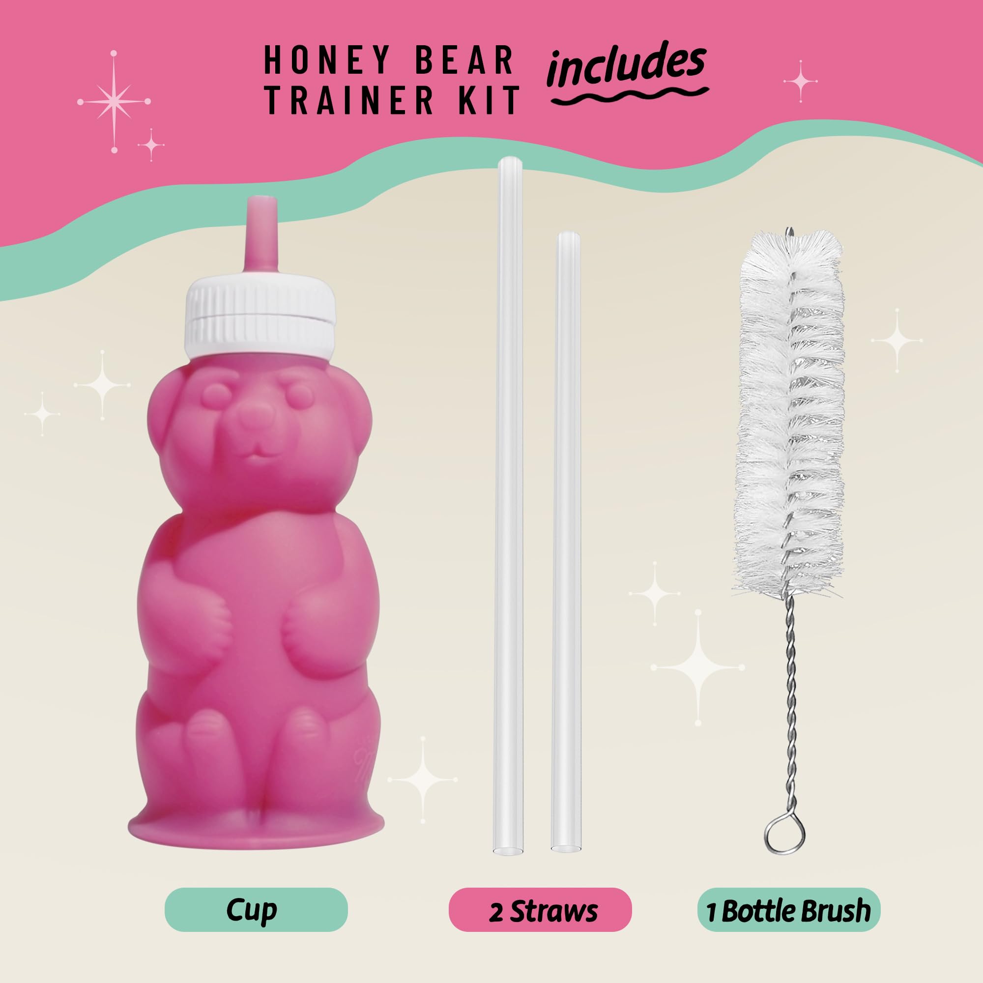 Legendairy Milk Honey Bear Straw Cup cleaning brush included for hand washing.