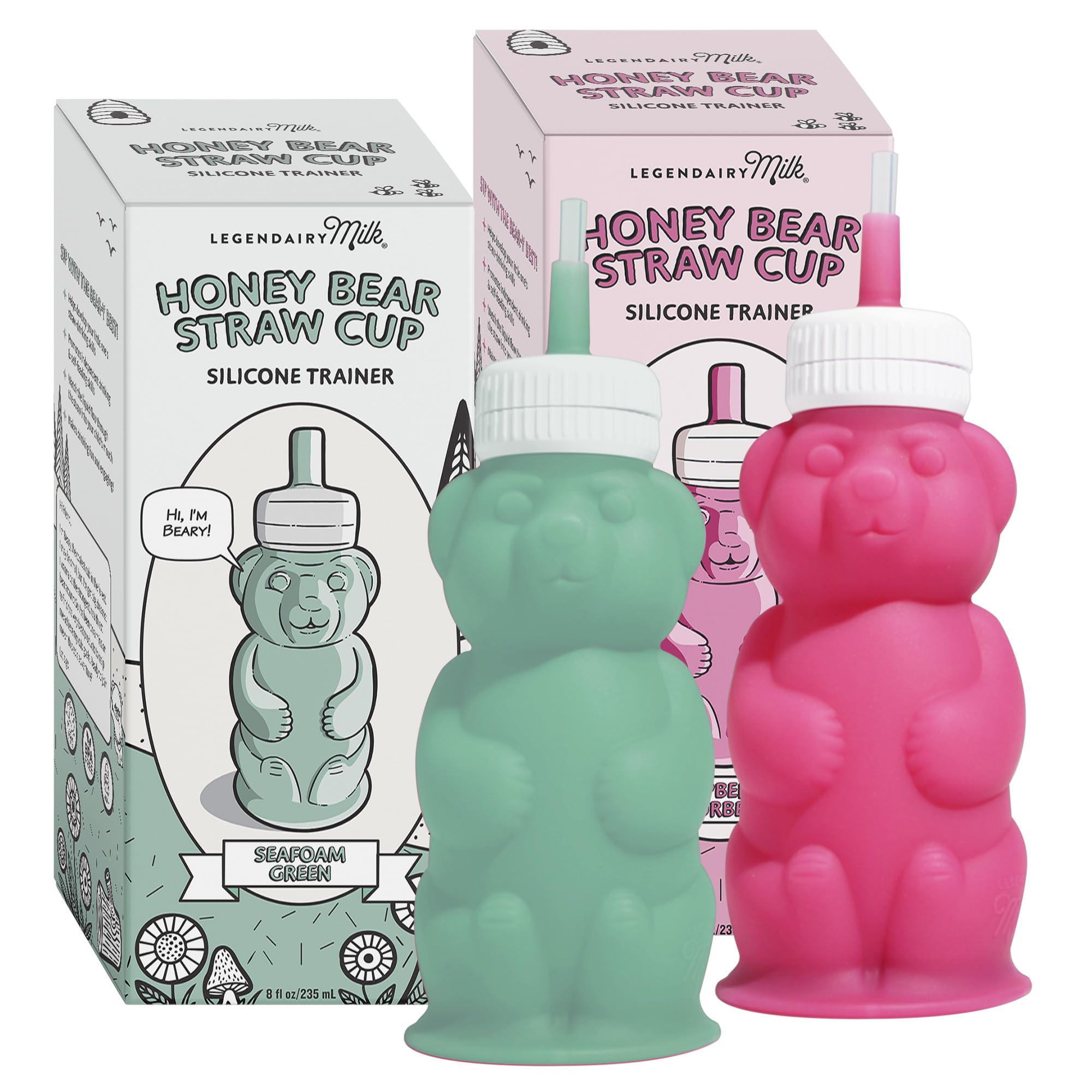 Legendairy Milk Honey Bear Straw Cup Beary in green and raspberry for easy straw training.